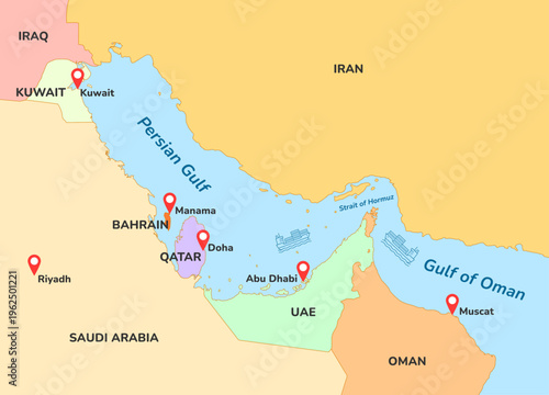 Map showing Persian Gulf and Strait of Hormuz with city pins. Colorful geography layout for Middle East region and world oil trade routes.