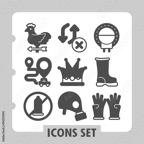 Rooster arrow, car route, condom ban modern icons set featuring chicken, royalty, protection and footwear items in solid style for apps and print on white background. Set of nine glyph icons.