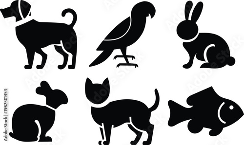 Pet animals silhouette icon set dog cat fish rabbit birds
