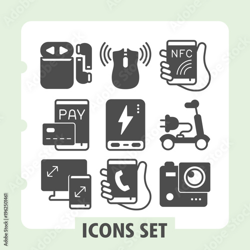 Earphones, phone payment, displays modern icons set featuring technology, shopping, finance and communication items in solid style for apps and print on white background. Set of nine glyph icons.