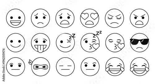 A collection of various emoticon faces in black and white on a plain white background with a flat lay composition.