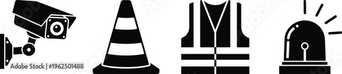 Black and white of security camera traffic cone safety vest and alarm clock