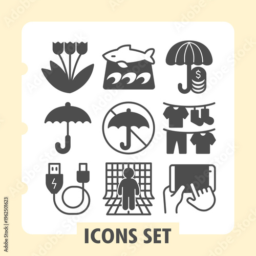 Tulips, umbrella, data cord modern icons set featuring travel, weather, seasonal items in solid style for apps and print on white background. Set of nine glyph icons.