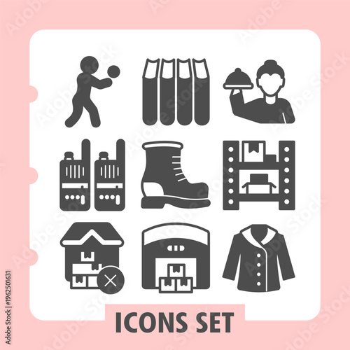 Volleyball player, walkie talkie, warehouse ban modern icons set depicting sports, storage and clothing items in solid style for apps and print on white background. Set of nine glyph icons.