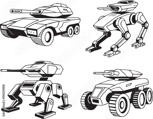 Collection of four futuristic robotic tank and vehicle illustrations with mechanical legs and wheels for sci fi combat or exploration themes.