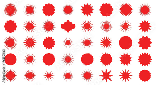 A graphic composition of various red starburst shapes and solid circles on a white background with a bold and dynamic visual style.