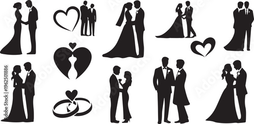 Wedding couples, love icons, silhouette graphics, black vector set