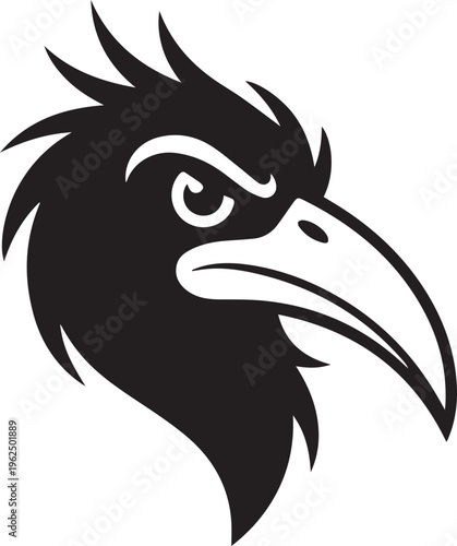 Black silhouette head of aggressive bird character perhaps raven or crow looking sideways
