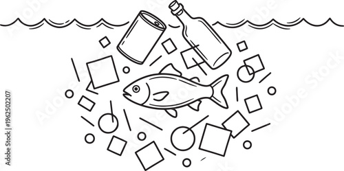 A single fish swims amidst floating trash including a bottle and can in stylized water also transparent background