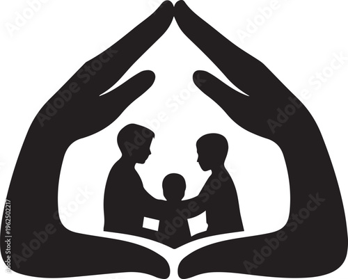 Human hands forming house shape protecting family silhouette with father mother and child isolated on white background for insurance theme