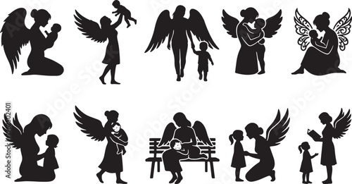 Silhouettes of diverse people performing various activities in black and white walking