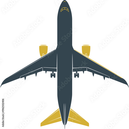 Dark blue and yellow airplane viewed from above with detailed wings and tail