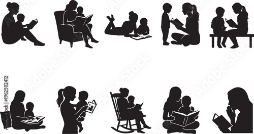 Silhouettes of diverse people performing various daily activities and sports in black and white