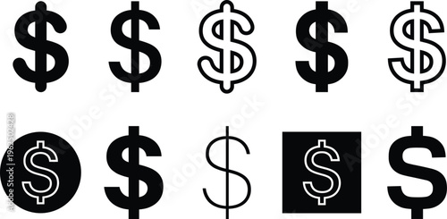 Dollar Sign Icon Set with Currency Symbols, Finance Icons, Money Signs, Payment and Banking Elements in Solid and Line Style Design