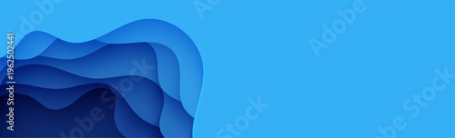 Navy blue layers with smooth shadow papercut art. Vector illustration, origami shapes. Abstract background with water waves in paper cut style. 3d wallpaper with cut out deep wavy modern cover BG.