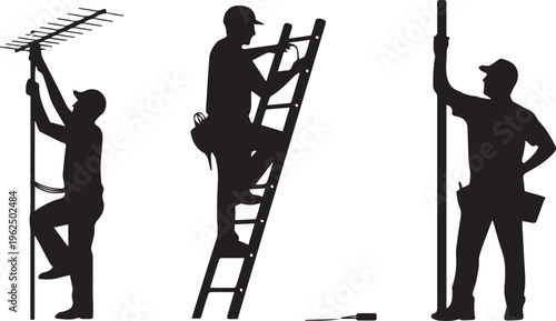 Repairmen silhouettes working on height using ladder and antenna pole isolated on white background for telecommunication maintenance concept