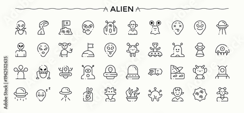 Alien icon set. Vector outline icons collection. Vector illustration in modern line style. Outer Being vector icon set. Contains such icons as space, flying, rocket, saucer, flying saucer and more.