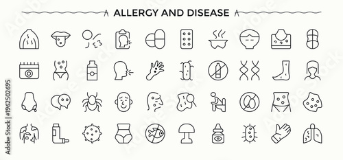 Allergy And Disease icon set. Disease trendy minimal icons. Outline icons pack. Allergic vector line icon set. Editable stroke. Pixel Perfect.