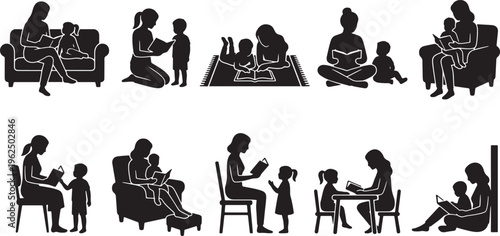 Silhouettes of diverse people using modern office furniture and devices chairs desks