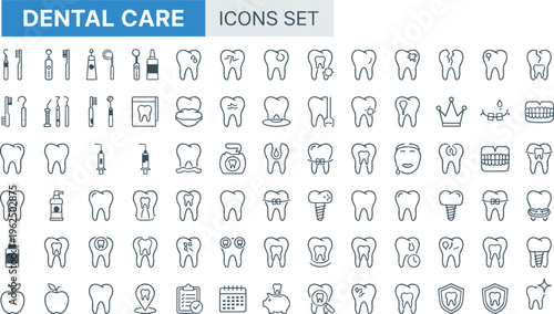Vector illustration of dental care icons set featuring toothbrushes, toothpaste, floss, teeth, braces, crowns, implants, and oral health tools