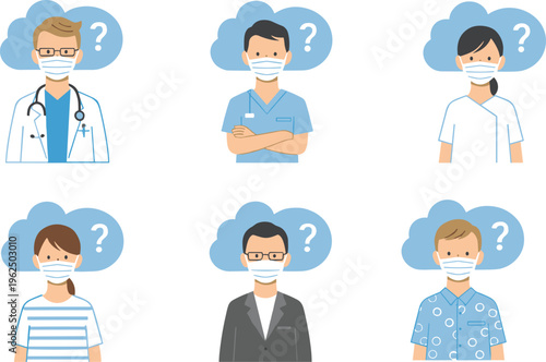 Vector illustration of masked people with question marks representing health uncertainty, safety concerns, pandemic, medical inquiry, and public confusion