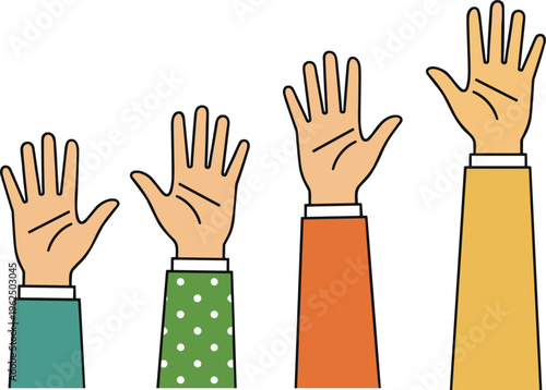 Vector illustration of raised hands with colorful sleeves representing participation, volunteering, voting, engagement, and community involvement
