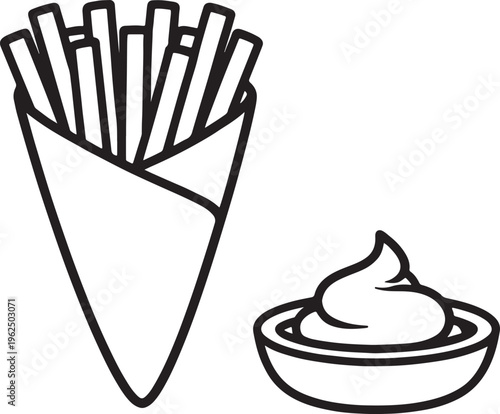 Black and white line of french fries in a paper cone next to a bowl of dipping sauce also transparent background