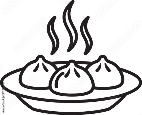 Black and white line of three steaming dumplings on a plate also transparent background food asian food