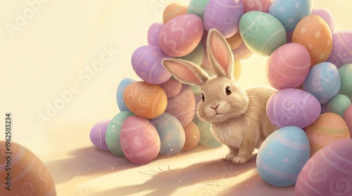 Adorable easter bunny sits among colorful pastel eggs in sunny springtime, fun easter holiday celebration.