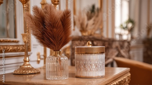 Elegant decorative display with vase candle holder and ornate elements