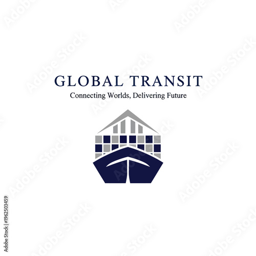 Global Transit Logo Featuring a Stylized Container Ship and Connecting Worlds Slogan.