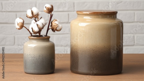 Ceramic vases with cotton branches on wooden table near white brick wall