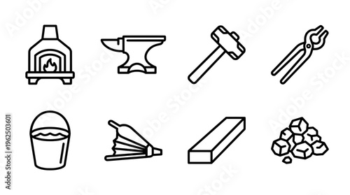 Blacksmithing tools anvil forge hammer tongs bellows water bucket and more