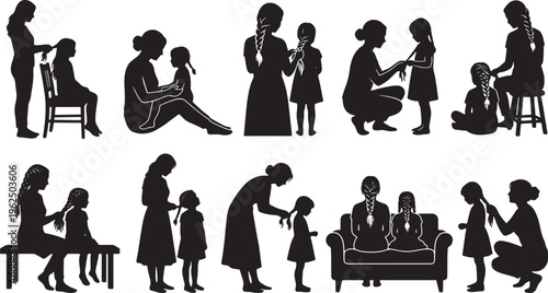 Silhouettes of people in various social and interactions in black and white social interaction