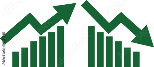 Business Graph, With Green Arrow Graph Going Up and Down Sign, Vector Illustration