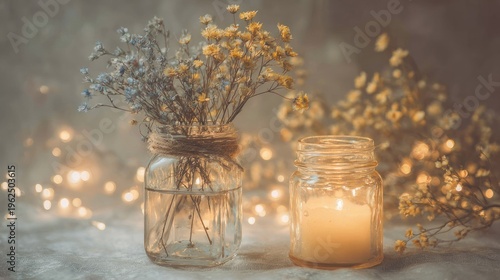 Rustic floral arrangement with glowing candle in glass jars against bokeh background