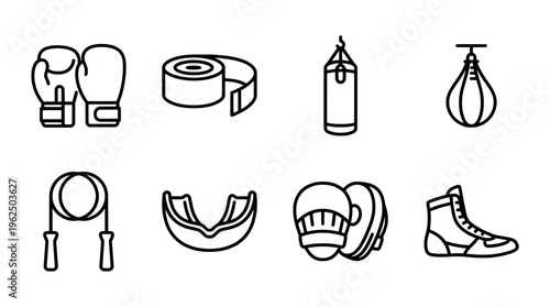 Boxing equipment set gloves punching bag speed bag and training gear icons