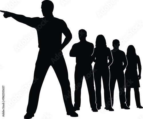 Silhouette of leader pointing direction to group of people, representing teamwork, guidance, and collaboration.