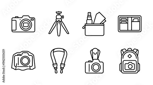Camera equipment icons digital photography tools and accessories