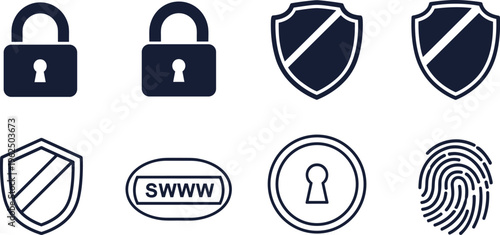 Collection of security icons including locks, shields, and fingerprint for privacy and data protection.