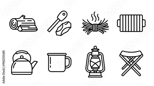 Camping equipment icons firewood flint bonfire grill kettle mug lantern stool