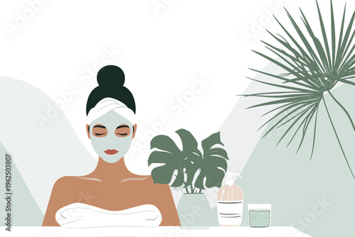 asian woman relaxing with a luxurious facial mask spa isolated vector style