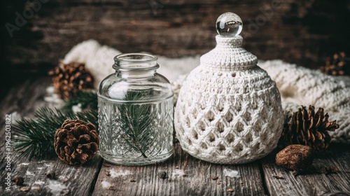 Decorative glass bottles with knitted cover and pine sprigs on rustic wood