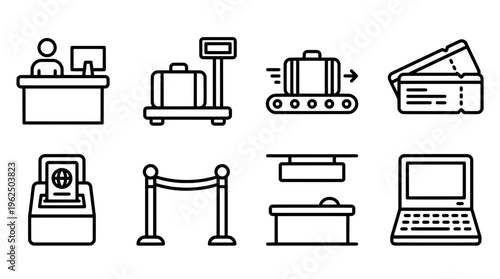 Airline travel icons set baggage check in tickets laptop passport control