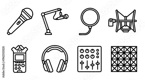 Audio recording equipment icons set for music production and podcast