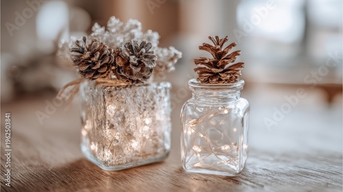 Decorative glass jars with pine cones and lights on a wooden surface