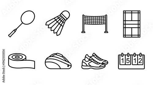 Badminton equipment icons racket shuttlecock net court scoreboard