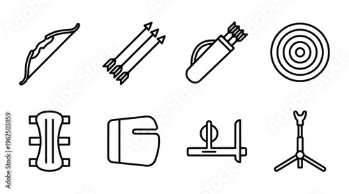 Archery equipment icons bow arrows quiver target armguard glove rest