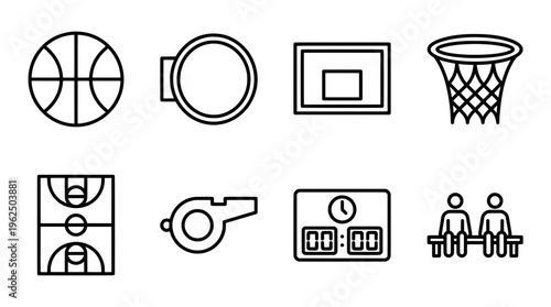 Basketball equipment icons set ball whistle board net court and players