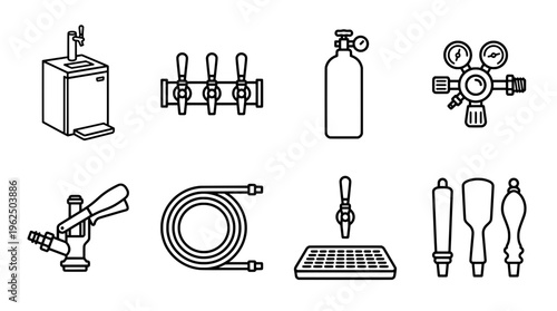 Beer dispensing equipment vector set for pub and brewery designs